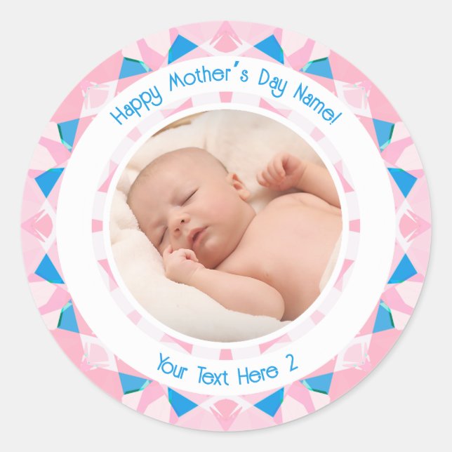 Personalized Photo Message Pink Blue Mother’s Day Classic Round Sticker (Front)