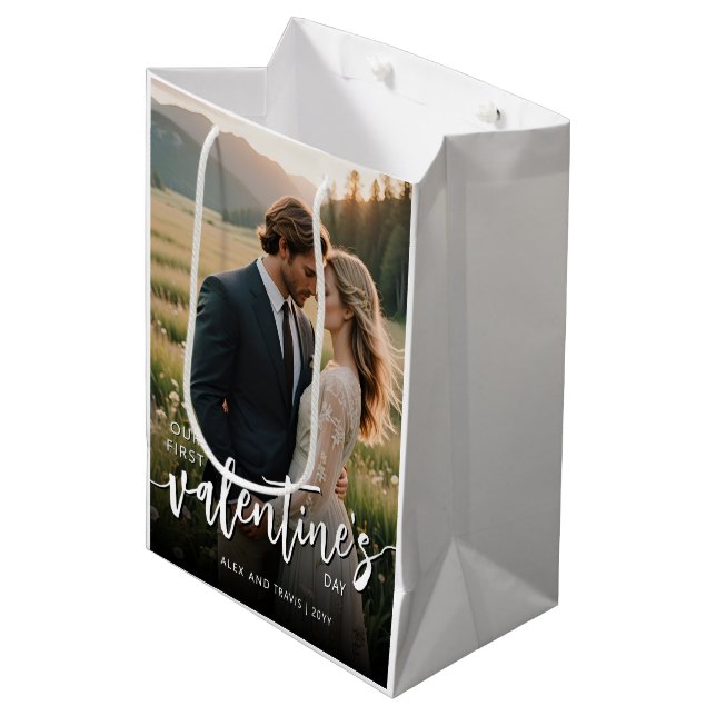 Personalized Photo Modern First Valentine's day Medium Gift Bag (Front Angled)