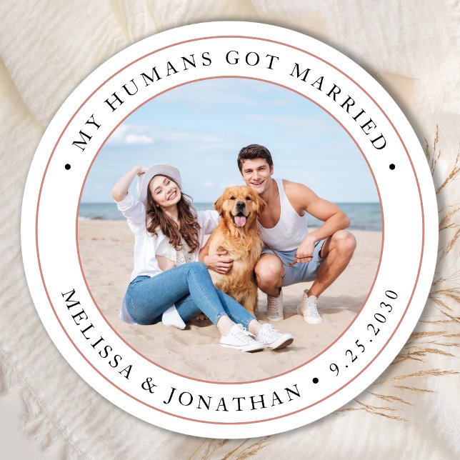 Personalized Photo Modern Just Married Wedding Classic Round Sticker (Creator Uploaded)