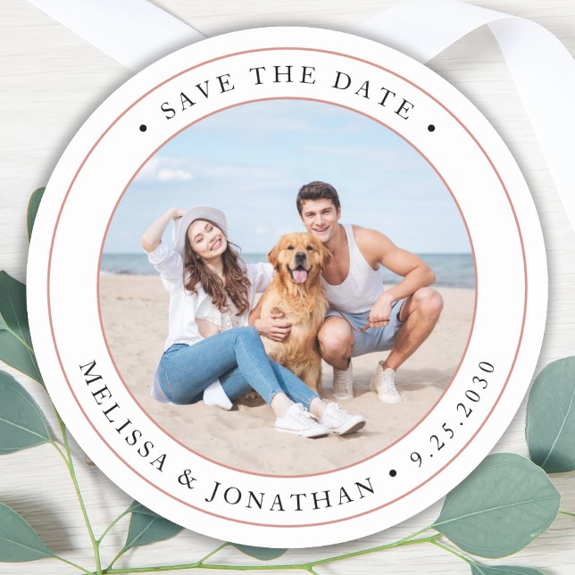 Personalized Photo Modern Wedding Save The Date Classic Round Sticker (Creator Uploaded)