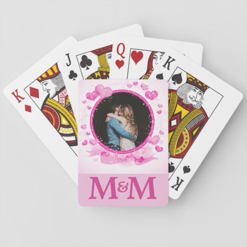 Personalized Photo Monogram Hearts Pink Wedding Poker Cards