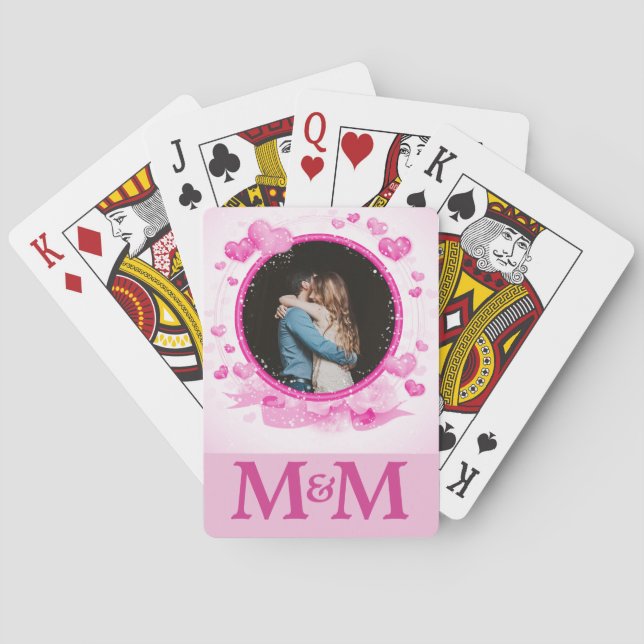 Personalized Photo Monogram Hearts Pink Wedding Poker Cards (Back)