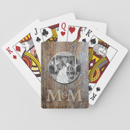 Personalized Photo Monogram Rustic Wood Wedding Poker Cards