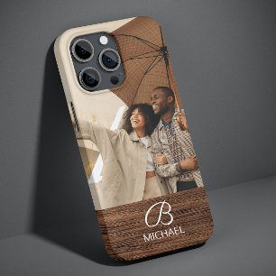 Personalized Photo Monogram Warm Brown Wood Grain iPhone 13 Case