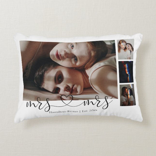 Personalized Photo Mrs and Mrs Heart Gay Wedding Accent Pillow (Front)