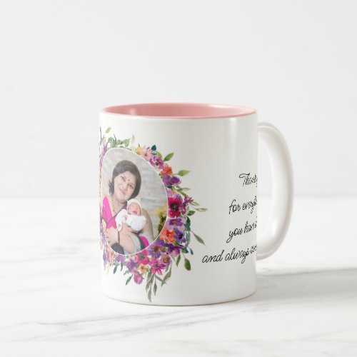 Personalized photo mug with round floral border