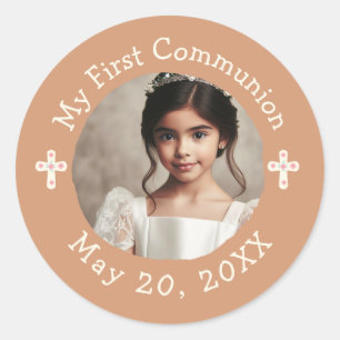 Personalized Photo My First Communion Floral Cross Classic Round Sticker