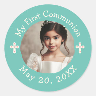 Personalized Photo My First Communion Floral Cross Classic Round Sticker