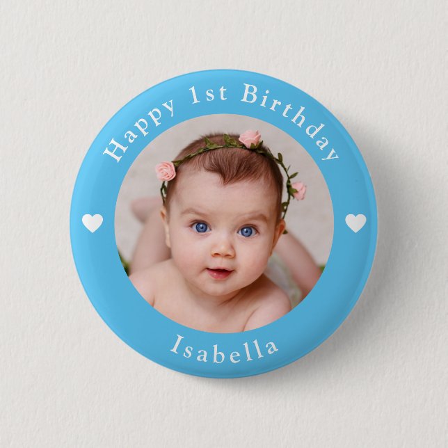 Personalized Photo, Name, Age Birthday Baby Blue Button (Front)