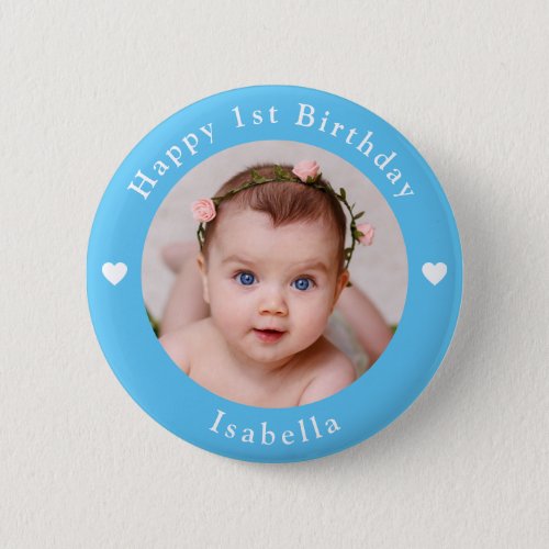 Personalized Photo Name Age Birthday Baby Blue Button