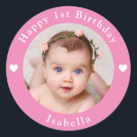 Personalized Photo, Name And Age Birthday Classic Round Sticker<br><div class="desc">Adorable personalized photo,  name and age birthday pink classic round sticker.</div>