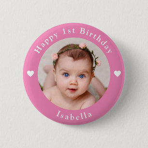 Personalized Photo, Name And Age Birthday Pink Button