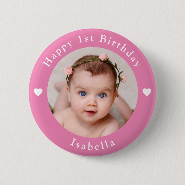 Personalized Photo, Name And Age Birthday Pink Button (Front)