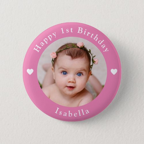 Personalized Photo Name And Age Birthday Pink Button