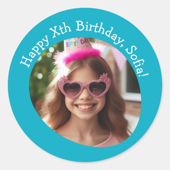 Personalized Photo Name and Age Happy Birthday  Classic Round Sticker (Front)
