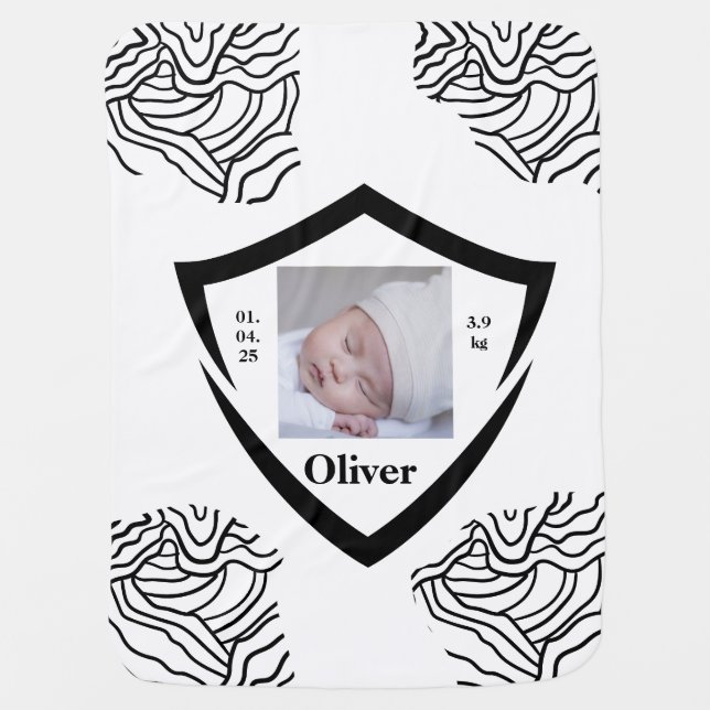 Personalized Photo, Name & Birth Details in Black  Baby Blanket (Front)