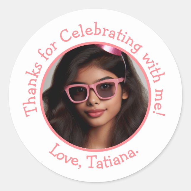 Personalized Photo Name Birthday Thank You Favors Classic Round Sticker (Front)