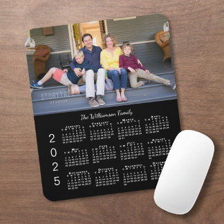Personalized Photo Name Black 2025 Calendar Mouse Pad