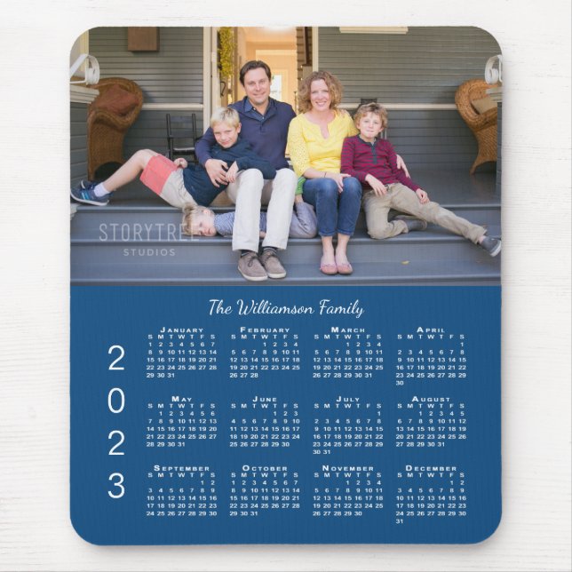 Personalized Photo Name Blue 2023 Calendar Mouse Pad (Front)