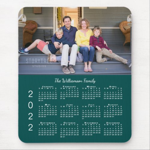 Personalized Photo Name Blue Green 2022 Calendar Mouse Pad
