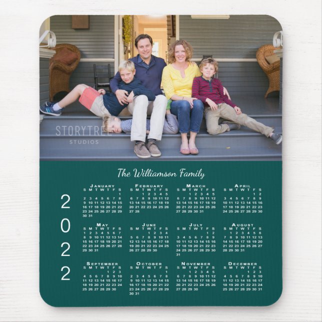Personalized Photo Name Blue Green 2022 Calendar Mouse Pad (Front)