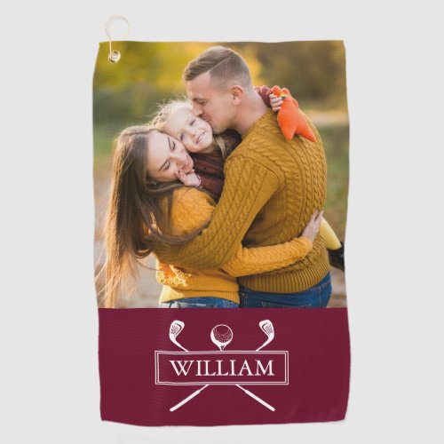 Personalized Photo Name Burgundy Golf Clubs Ball Golf Towel