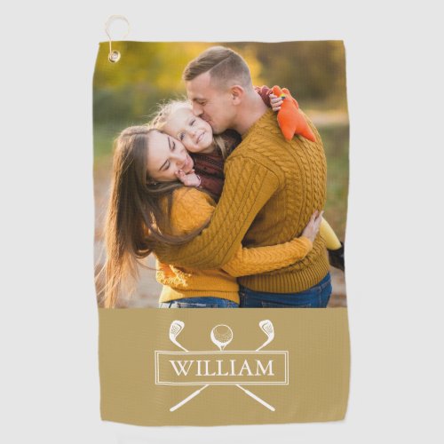 Personalized Photo Name Gold Golf Clubs Ball Golf Towel