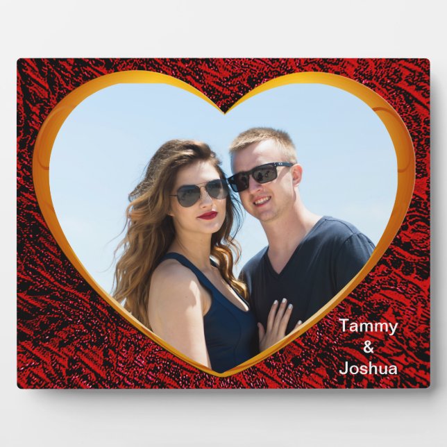 Personalized Photo Name Gold Heart Red Abstract Plaque (Front)