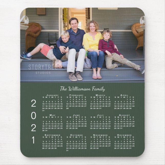 Personalized Photo Name Green 2021 Calendar Mouse Pad (Front)