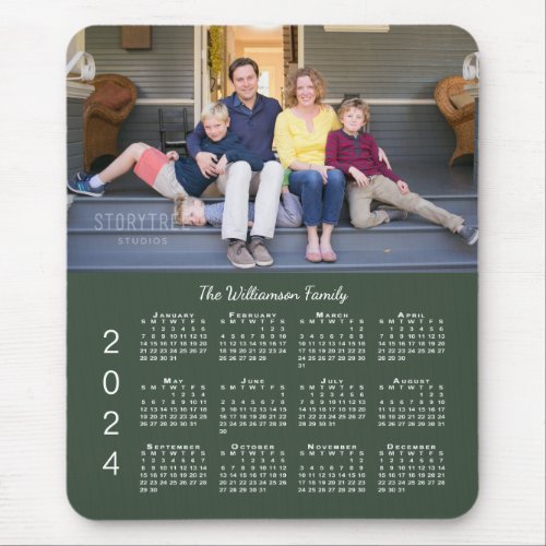 Personalized Photo Name Green 2024 Calendar Mouse Pad