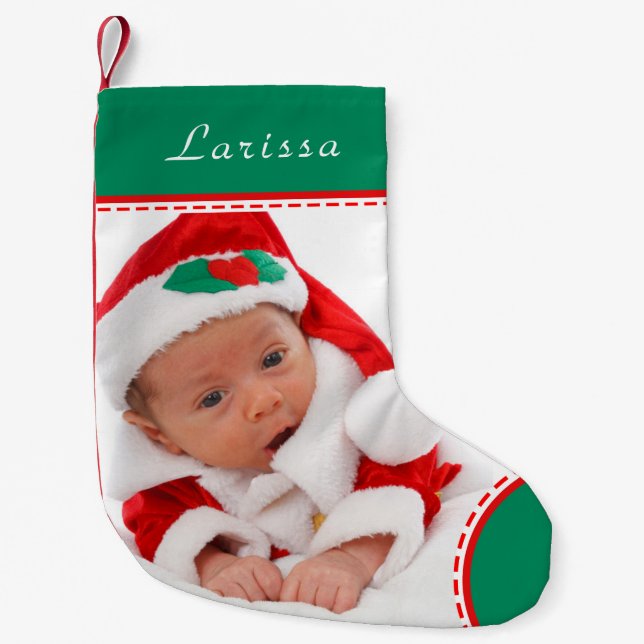 Personalized Photo Name Green Trim Christmas Small Christmas Stocking (Front)