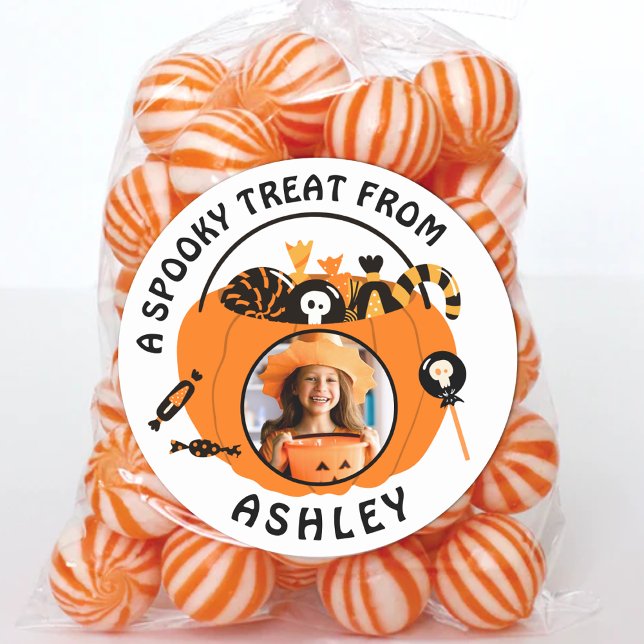 Personalized Photo Name Halloween Candy Treat Classic Round Sticker (Personalized Photo Name Kids Halloween Candy Bucket Stickers Custom Treat Labels for Classroom Party)