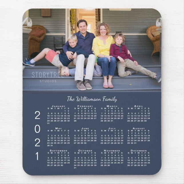 Personalized Photo Name Navy Blue 2021 Calendar Mouse Pad (Front)