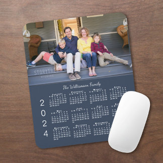 Personalized Photo Name Navy Blue 2024 Calendar Mouse Pad