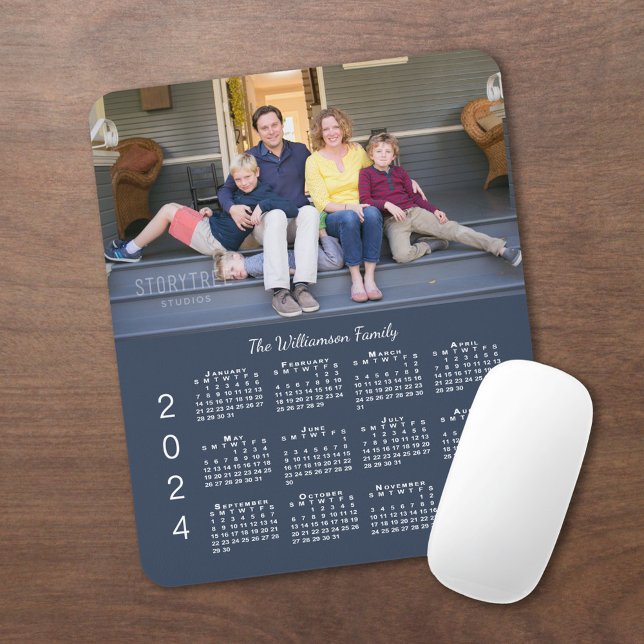 Personalized Photo Name Navy Blue 2024 Calendar Mouse Pad (2024 Calendar Personalized Photo and Name Navy Blue Mouse Pad, In Situ)