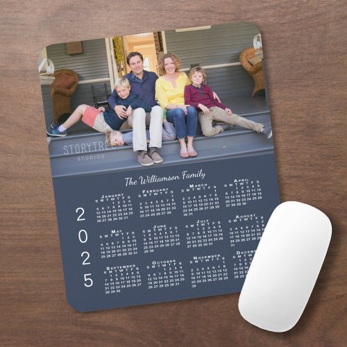 Personalized Photo Name Navy Blue 2025 Calendar Mouse Pad