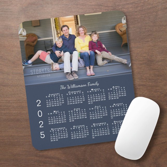 Personalized Photo Name Navy Blue 2025 Calendar Mouse Pad (Personalized Photo Name Navy Blue 2025 Calendar Mouse Pad in situ)