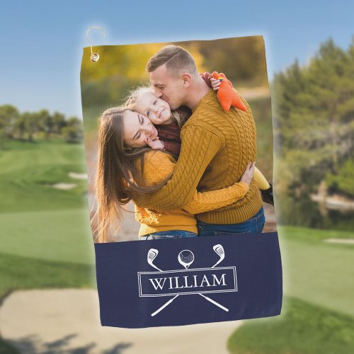 Personalized Photo Name Navy Blue Golf Clubs Ball Golf Towel