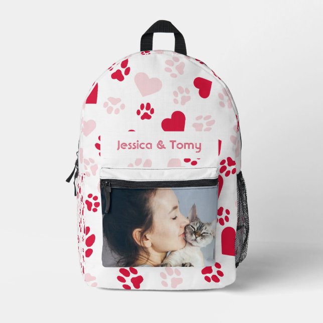 Personalized Photo & Name Paw prints Pattern Printed Backpack (Front)