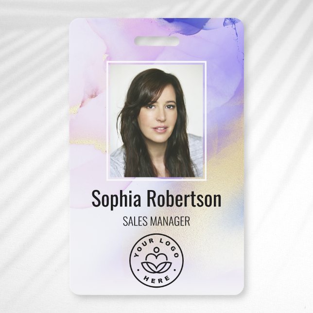 Personalized Photo Name Violet Watercolor Employee Badge (Creator Uploaded)