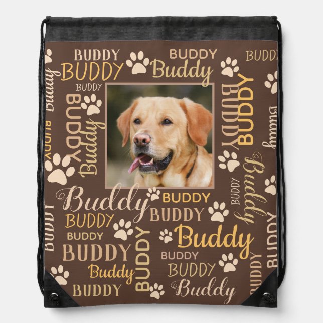 Personalized Photo Names Brown Dog  Drawstring Bag (Front)