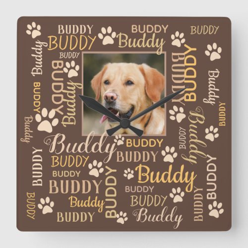Personalized Photo Names  Brown Dog Square Wall Clock
