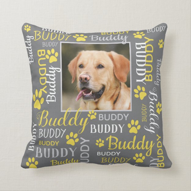 Personalized Photo Names Grey and Yellow Dog Throw Pillow