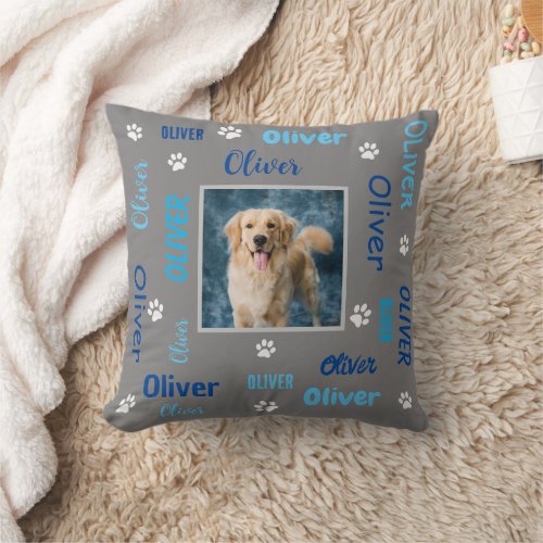 Personalized Photo Names  Grey Dog Throw Pillow