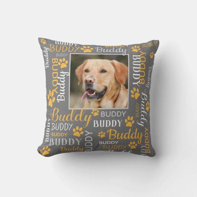 Personalized Photo Names Mustard Yellow Dog Throw  Throw Pillow (Front)