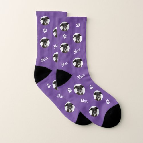 Personalized Photo Names Purple Dog Pattern Socks
