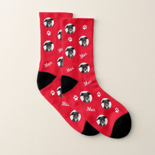 Personalized Photo Names Red Dog Pattern Socks