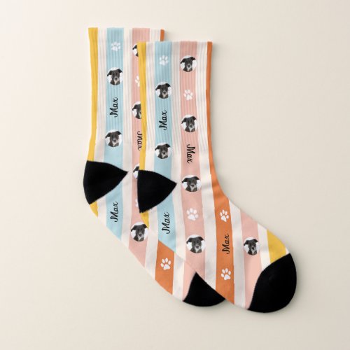 Personalized Photo Names Retro Strips Dog Pattern Socks