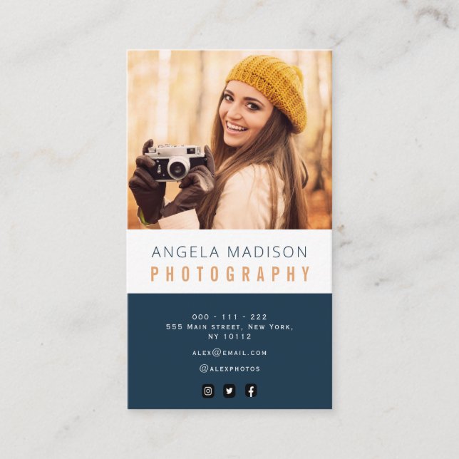 personalized photo navy blue trendy photographer business card (Front)