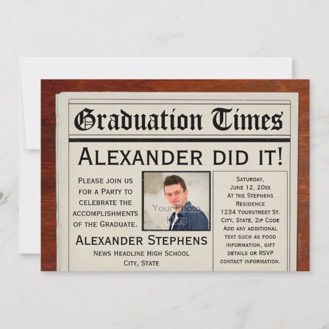 Personalized Photo Newspaper Graduation Party Invitation (Front)